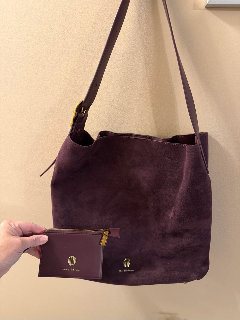 House of Harlow Suede Shoulder Bag in Deep Plum and matching cardholder wallet